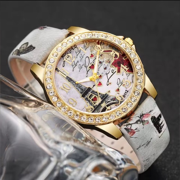 Elegant High Fashion Women’s Quartz Gold and Gray Eiffel Tower Love Watch Grey - Picture 7 of 9